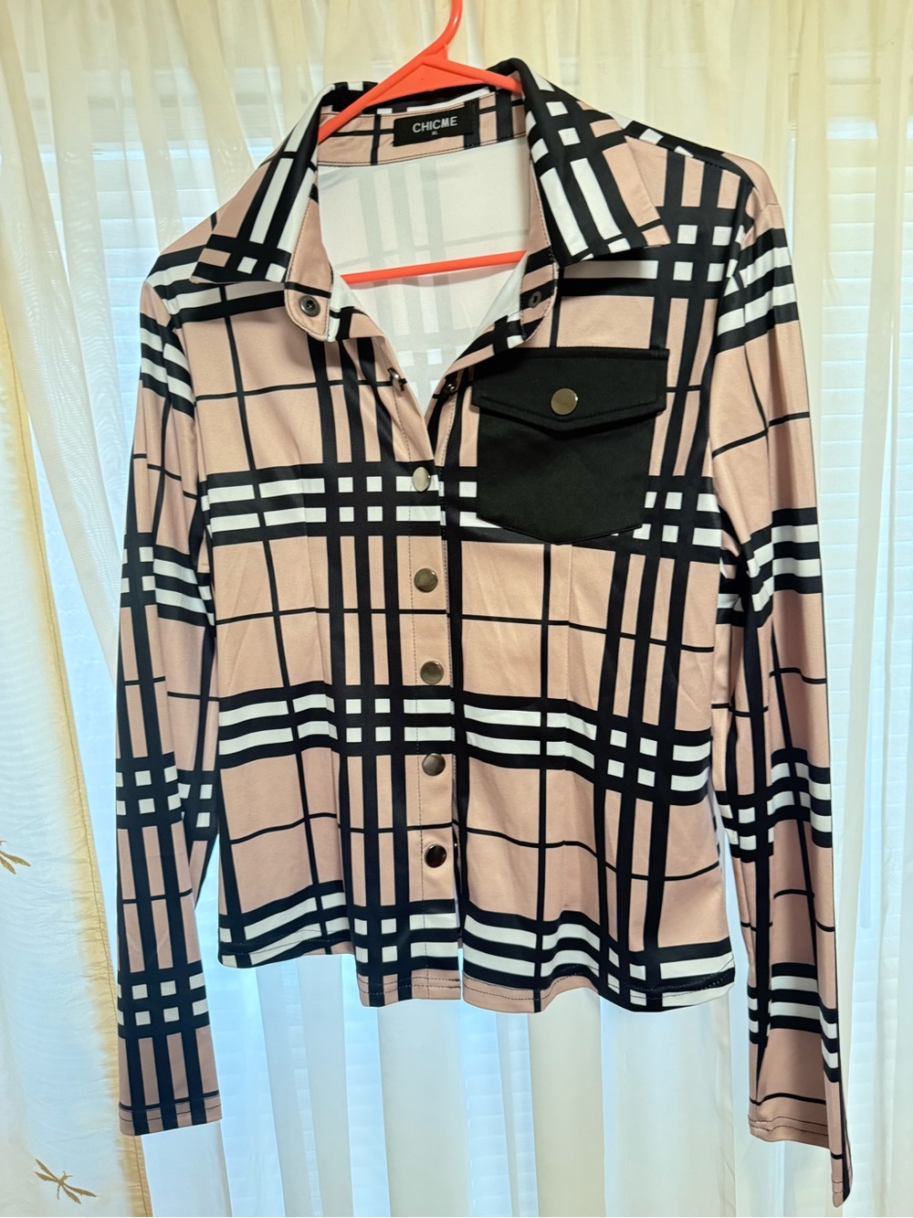 CHICME Pink Plaid Button Front Shirt Jacket with Black Pocket